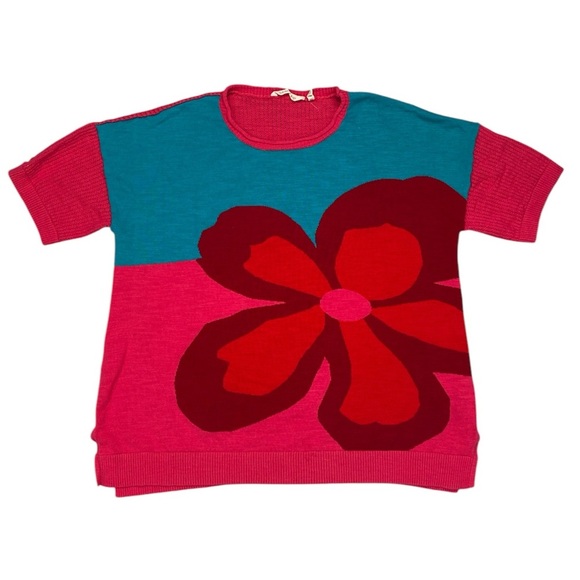 Soft Surroundings Biosphere Flower Sweater Top XL Colorblock Pink Retro Mod 70s - Picture 7 of 10